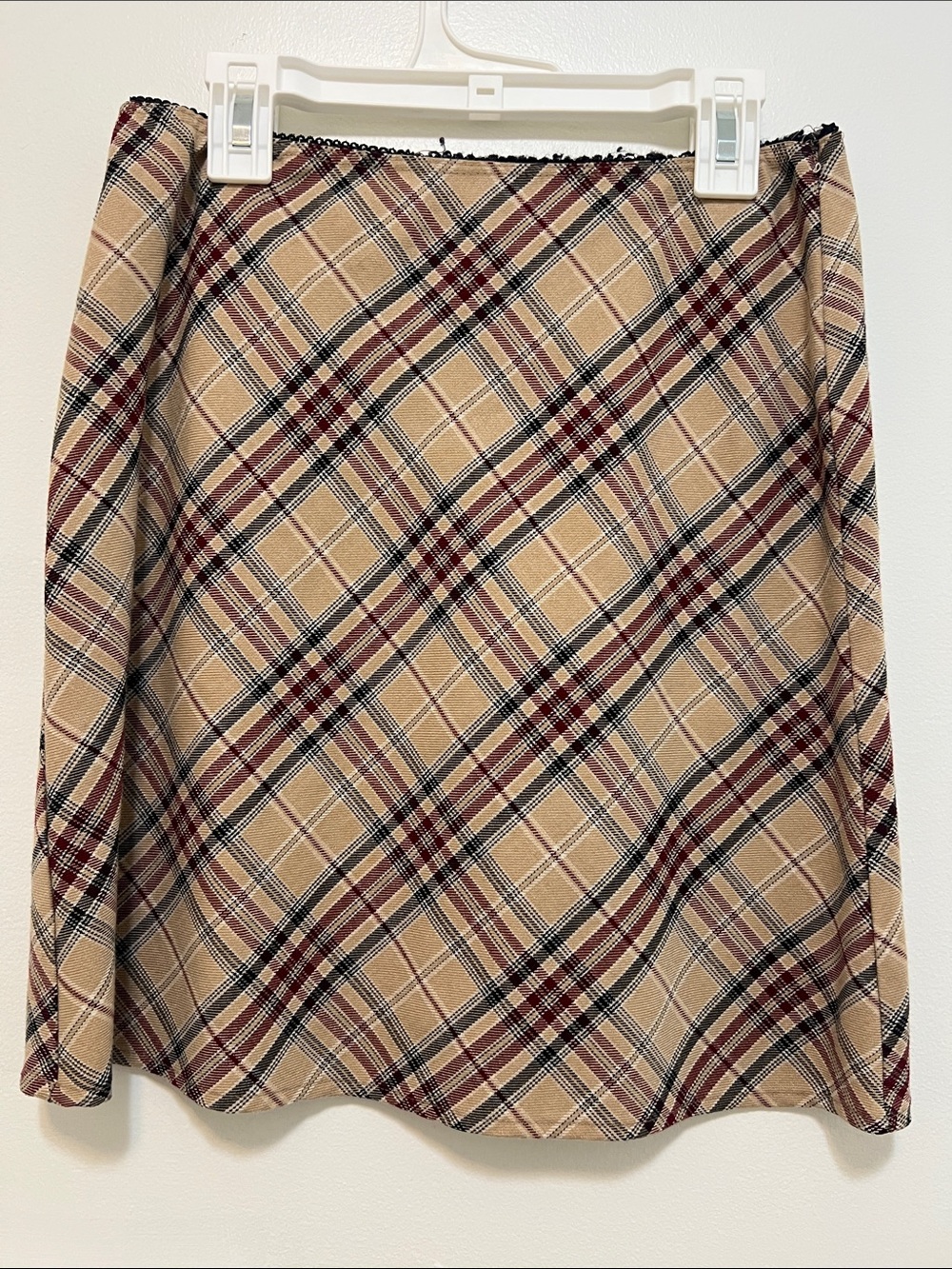 Classic Plaid A-Line Skirt - Beige with Burgundy and Black